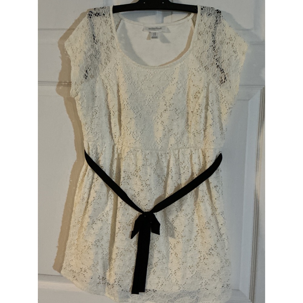 Motherhood Maternity Ivory Lace Empire Waist Tie Top Medium White Black Ribbon